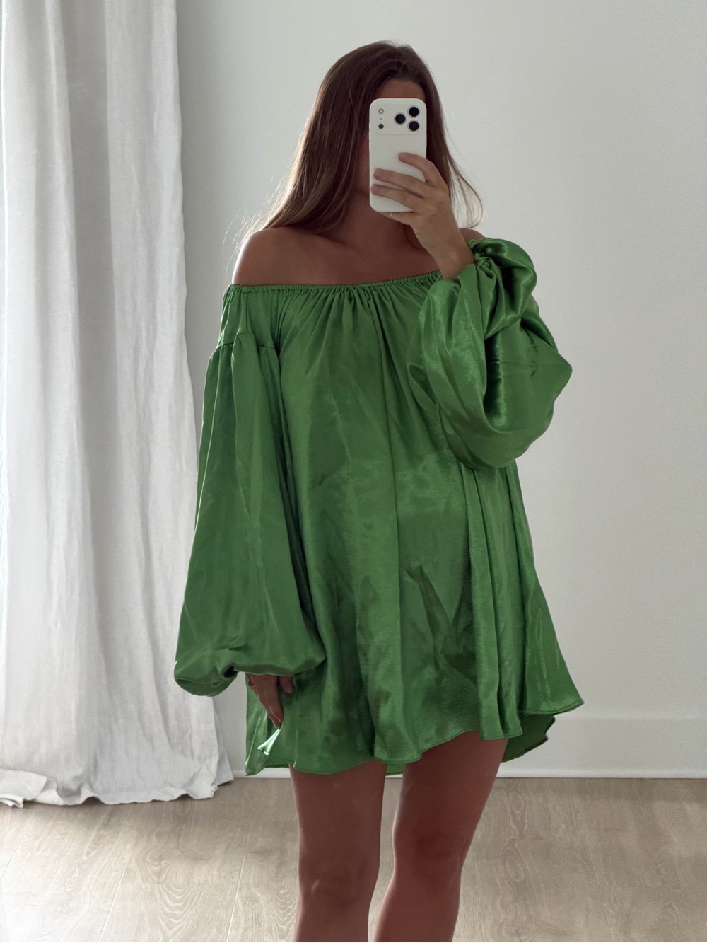 Caroline Constas Emerald Green Off-Shoulder Satin Mini Dress